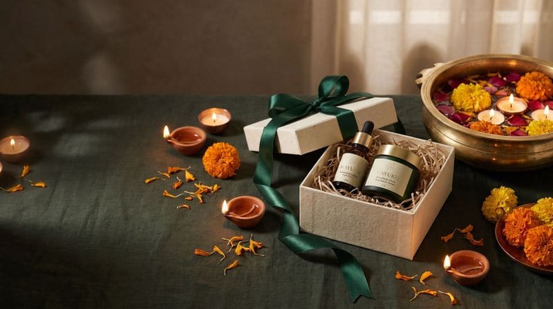 The Radiance gift box among lit diyas and marigold petals