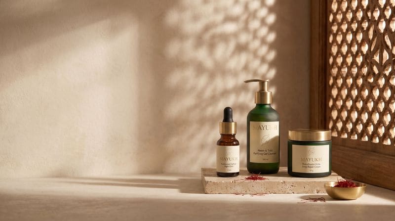 Kumkumadi elixir, Neem and Tulsi cleanser and Ghrita cream on travertine in jaali window light
