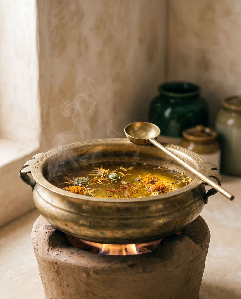 Sesame oil infusing slowly with saffron in a brass uruli