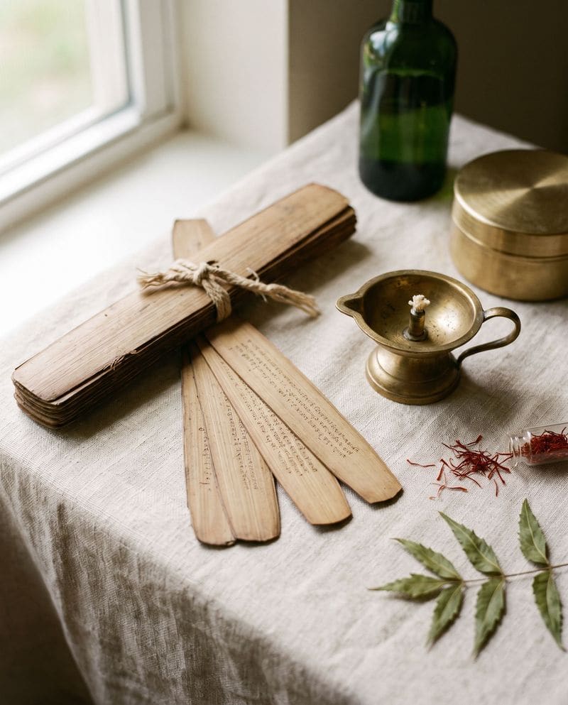 A palm-leaf manuscript beside saffron and neem
