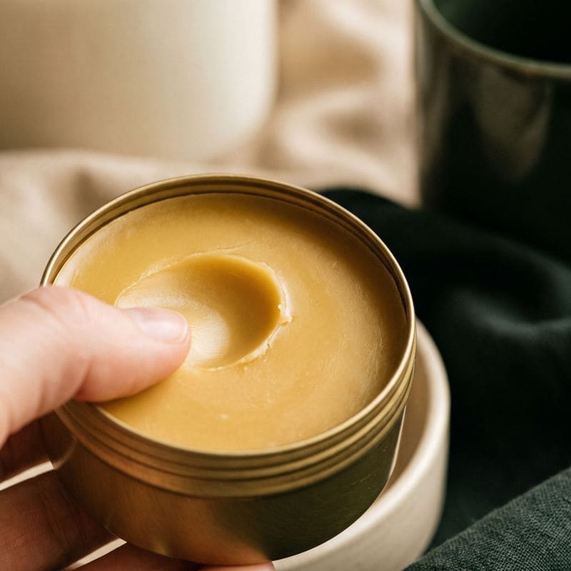 Golden butter balm in a brass tin